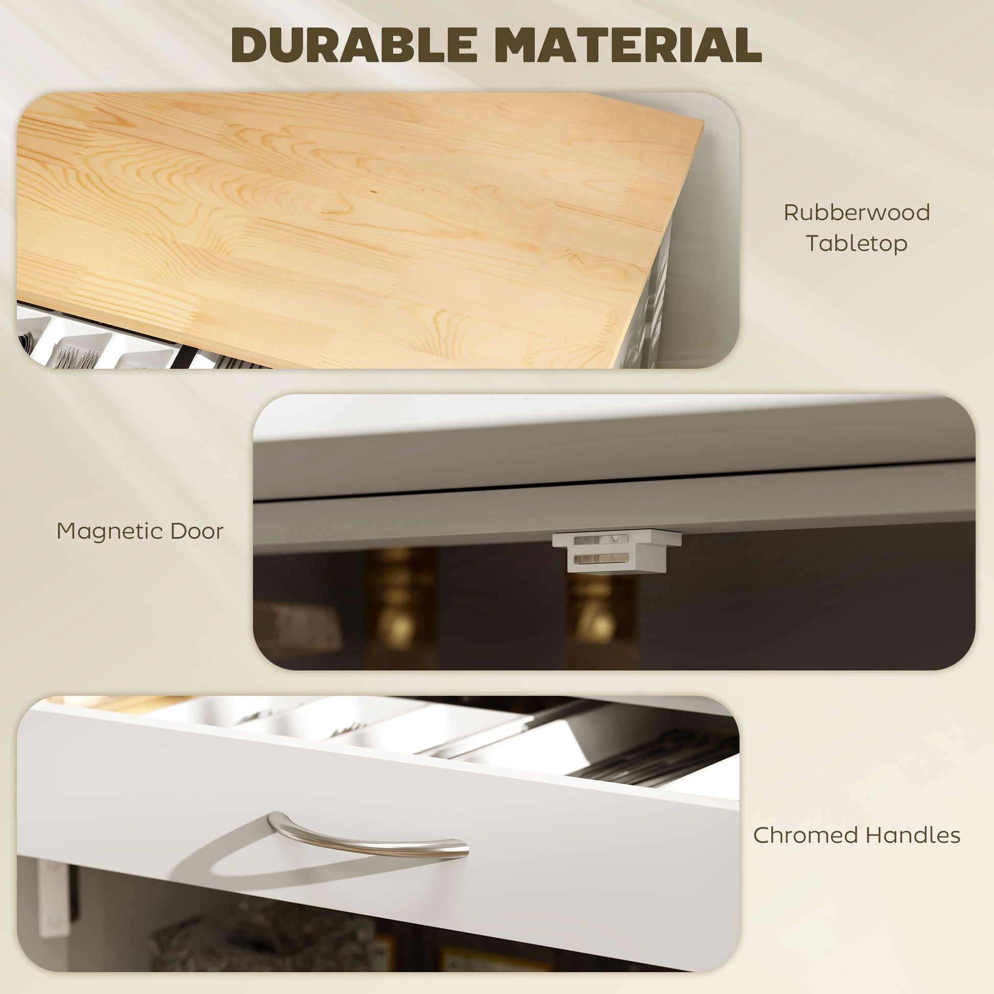 Crystal white kitchen cart details: rubberwood tabletop, magnetic door, chromed handles.