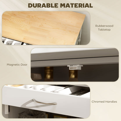 Crystal white kitchen cart details: rubberwood tabletop, magnetic door, chromed handles.