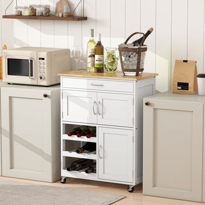White rolling kitchen cart with wood top, 9-bottle wine rack, drawer, and double-door cabinet.