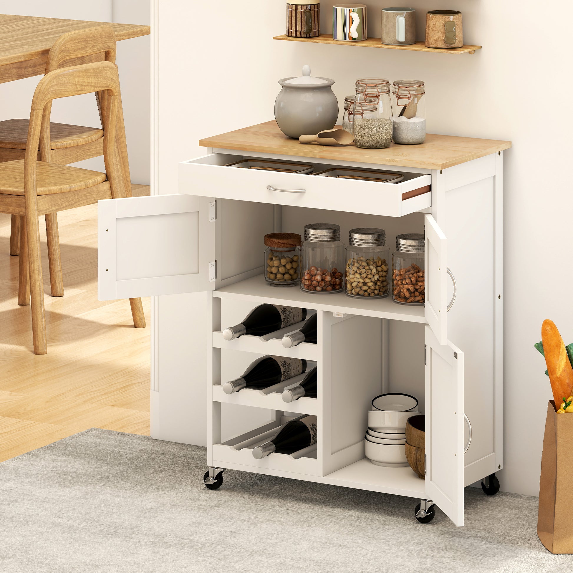White rolling kitchen cart with wood top, open drawer, 9-bottle wine rack, and double-door cabinet.