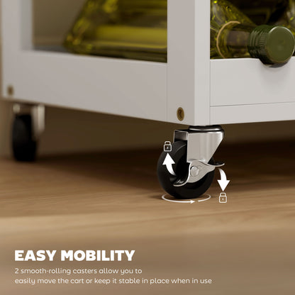 Crystal white rolling kitchen cart with a locking caster wheel on a wooden floor.