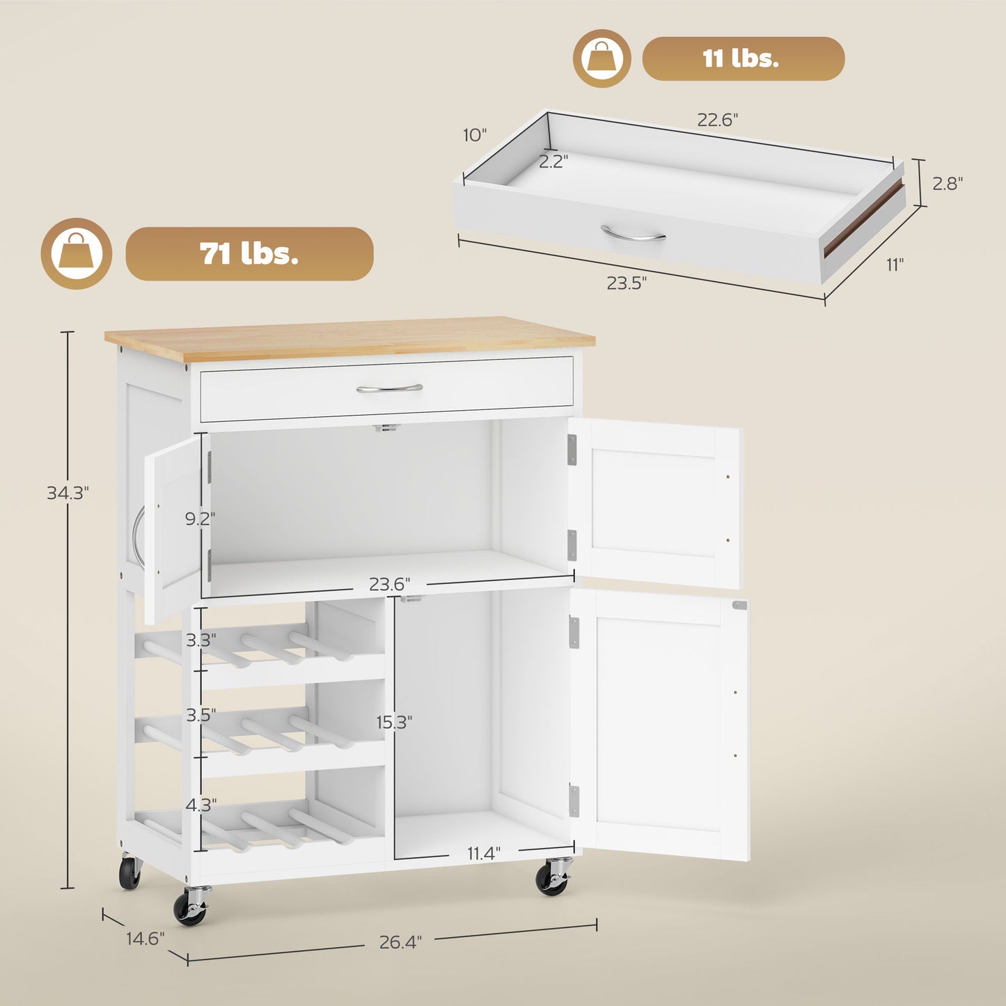 Crystal white rolling kitchen cart with wood top, wine rack, drawer, and double-door cabinet.