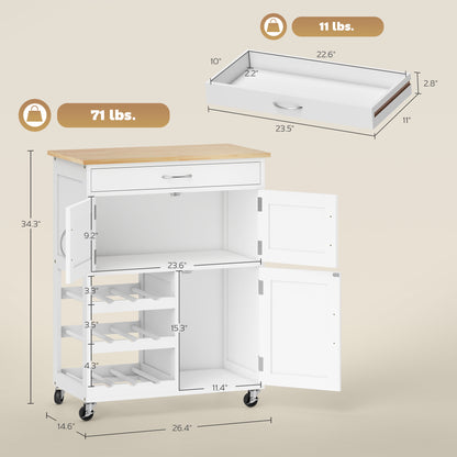 Crystal white rolling kitchen cart with wood top, wine rack, drawer, and double-door cabinet.