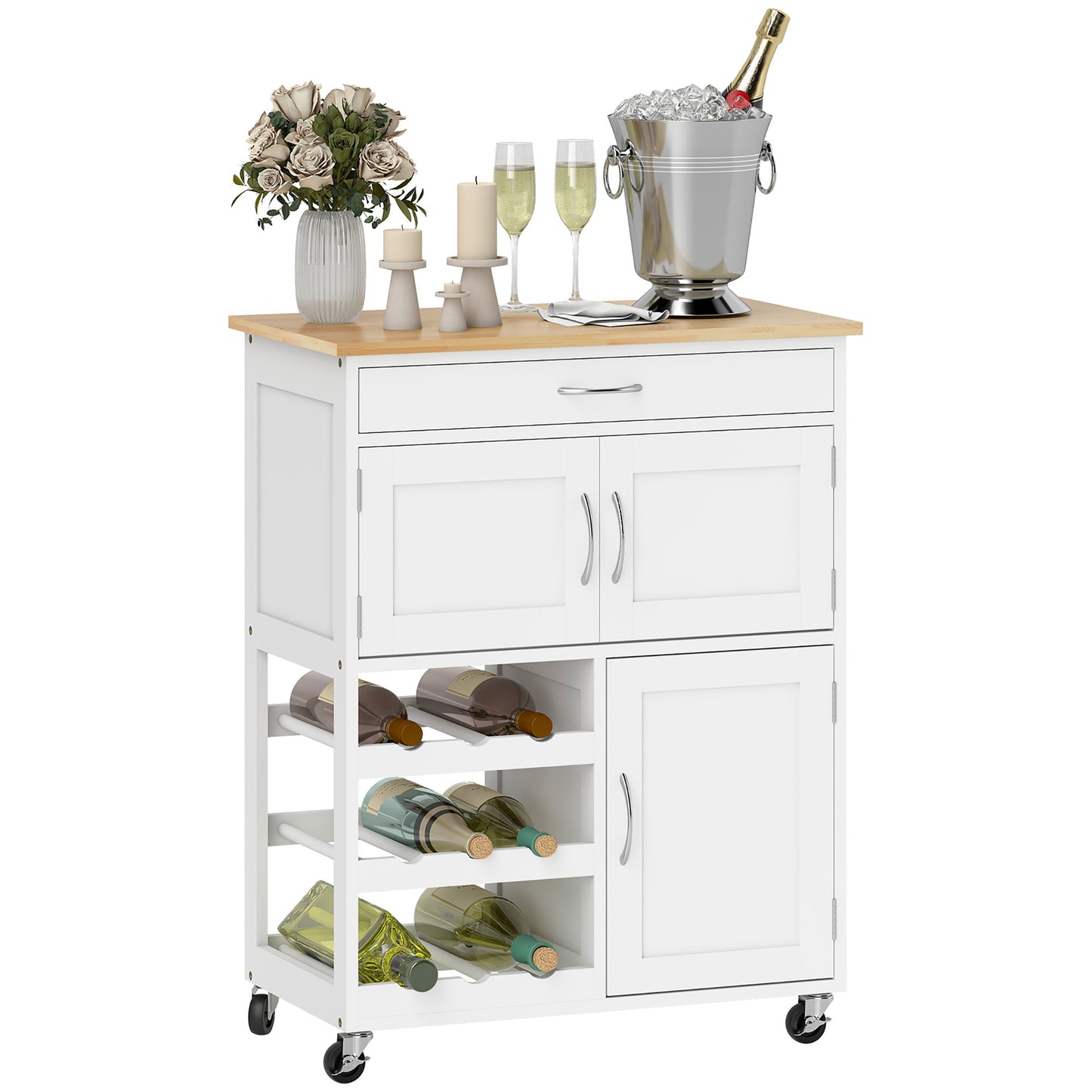 White rolling kitchen cart with wood top, 9-bottle wine rack, drawer, and cabinet.