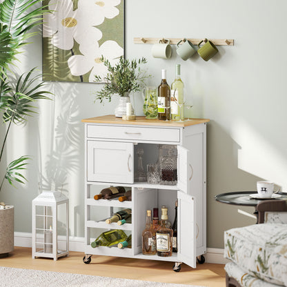 White rolling kitchen cart with wood top, 9-bottle wine rack, drawer, and double-door cabinet.