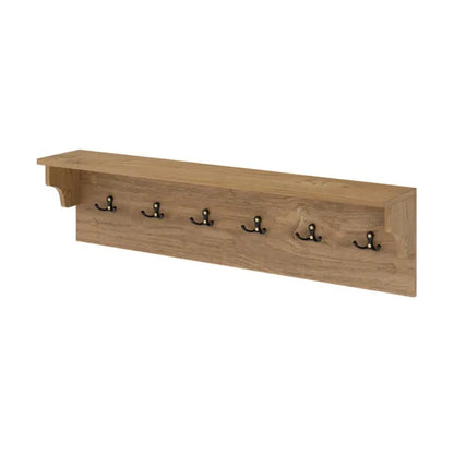 Natural wood wall-mounted coat rack with 6 black hooks and a top storage shelf.