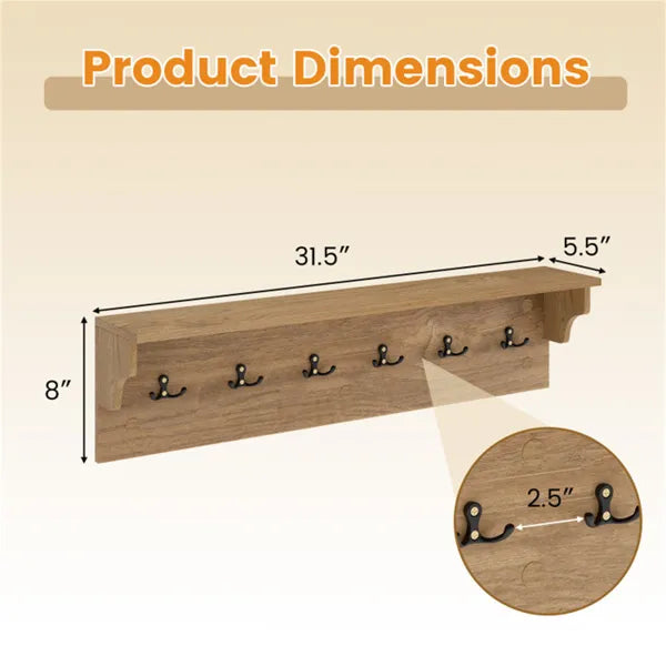 Natural wood wall-mounted coat rack, 31.5" long, with 6 black hooks and a storage shelf.