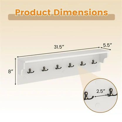White 31.5" entryway shelf with six black hooks, showing dimensions for shelf and hook spacing.