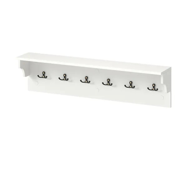 White 31.5" entryway shelf with six black hooks, minimalist design for modern or farmhouse interiors.