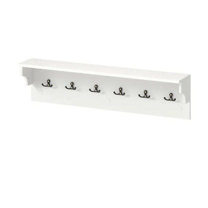 White 31.5" entryway shelf with six black hooks, minimalist design for modern or farmhouse interiors.