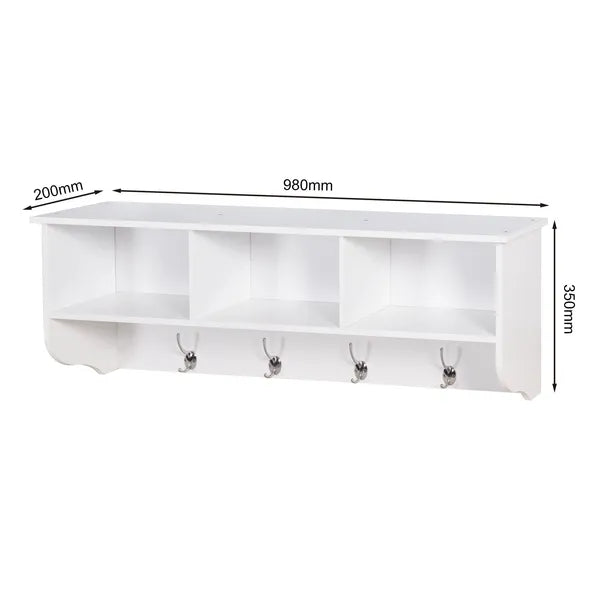 White wall-mounted wooden coat rack with a top shelf, three cubbies, and four dual hooks.