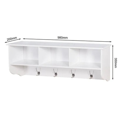 White wall-mounted wooden coat rack with a top shelf, three cubbies, and four dual hooks.