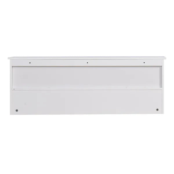 Back view of a white wall-mounted wooden coat rack with a top shelf and visible mounting holes.
