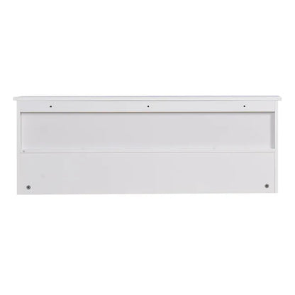 Back view of a white wall-mounted wooden coat rack with a top shelf and visible mounting holes.