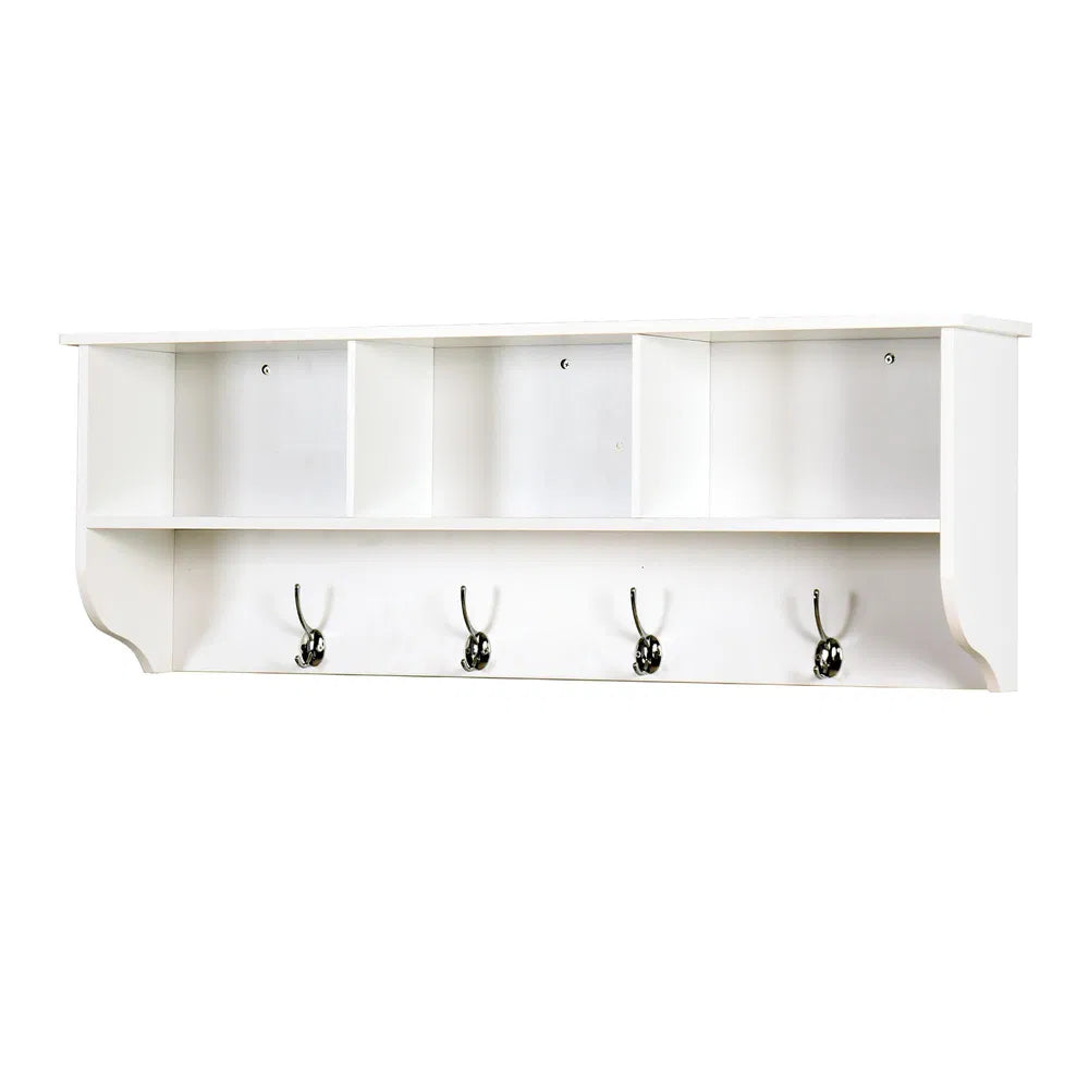 White wooden entryway wall-mounted coat rack with four dual hooks and a top storage shelf.