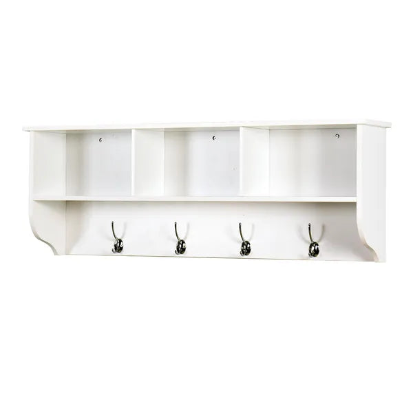 White wooden wall-mounted entryway coat rack with a top display shelf and four dual hooks.